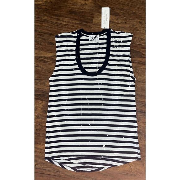 NWT Feel The Piece Terre Jacobs Navy Striped T-shirt Top Paint Accents SZ XS/S - Picture 2 of 9
